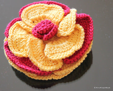 Yellow and Maroon / Red Crochet Flower Applique x 1